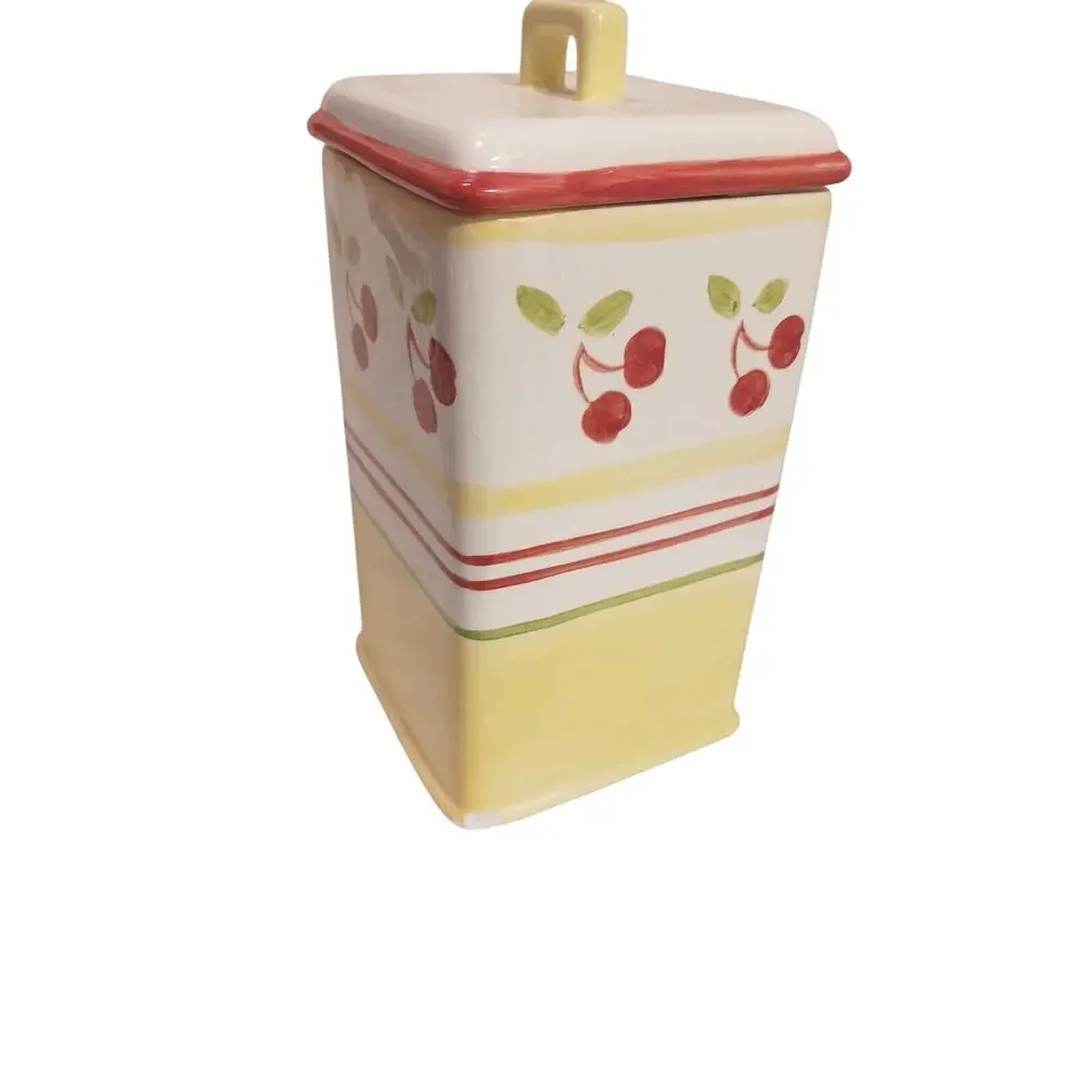 RARE Yellow Red Cherries Clay Canister Art Sonoma Ceramic 8